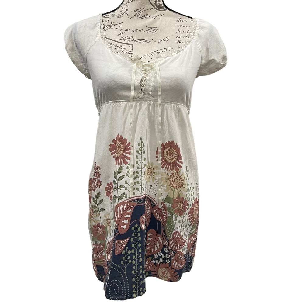 Fang Babydoll Tunic Top Women S White Floral Boho Lace Up Cottagecore Botanical